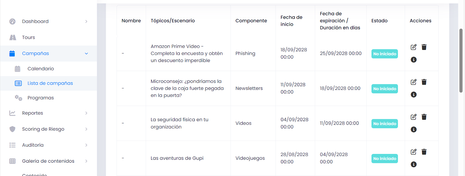 Vista de Listas de campañas
