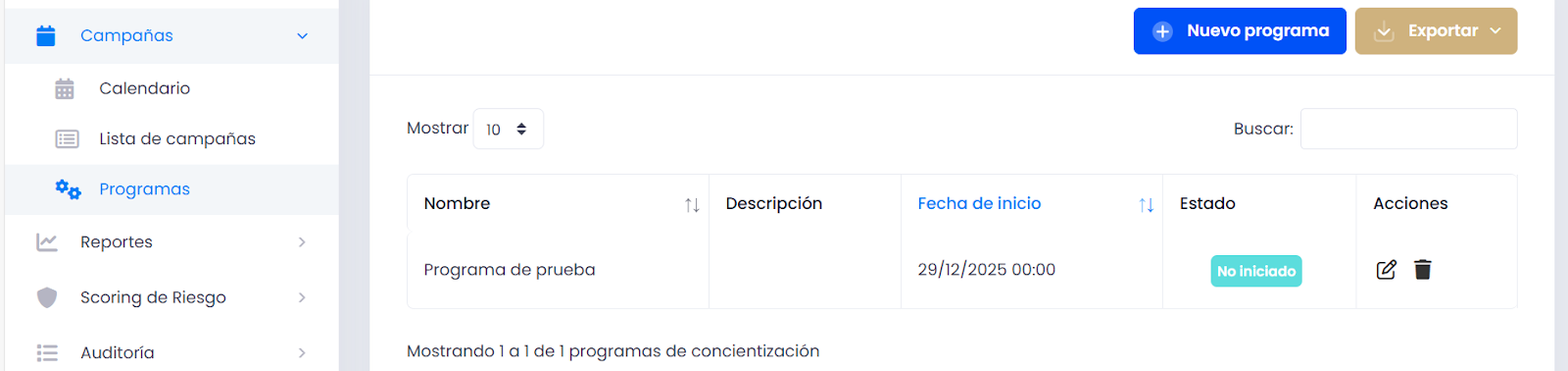 Vista de Programas activos