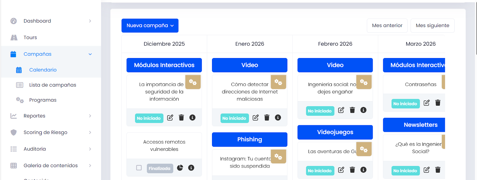 Campañas de un programa identificadas con el símbolo de dos engranajes